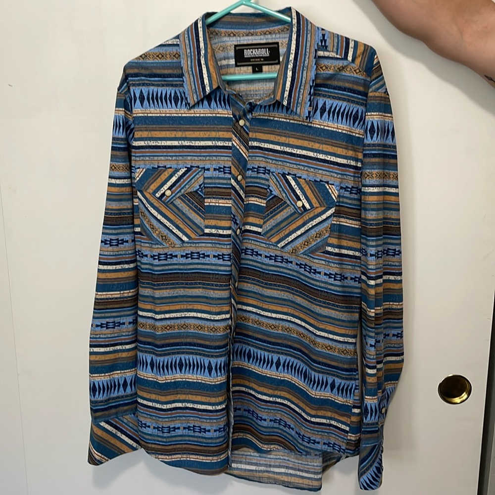 Rock & Roll Men's Long Sleeve Blue Aztec Striped Vintage '46 Pearl Snap